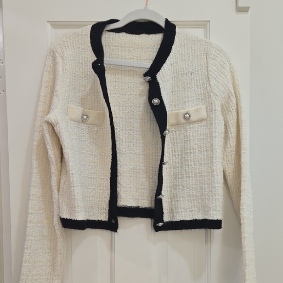 Mango Sweaters - Mango Black and Cream Tweed Cardigan